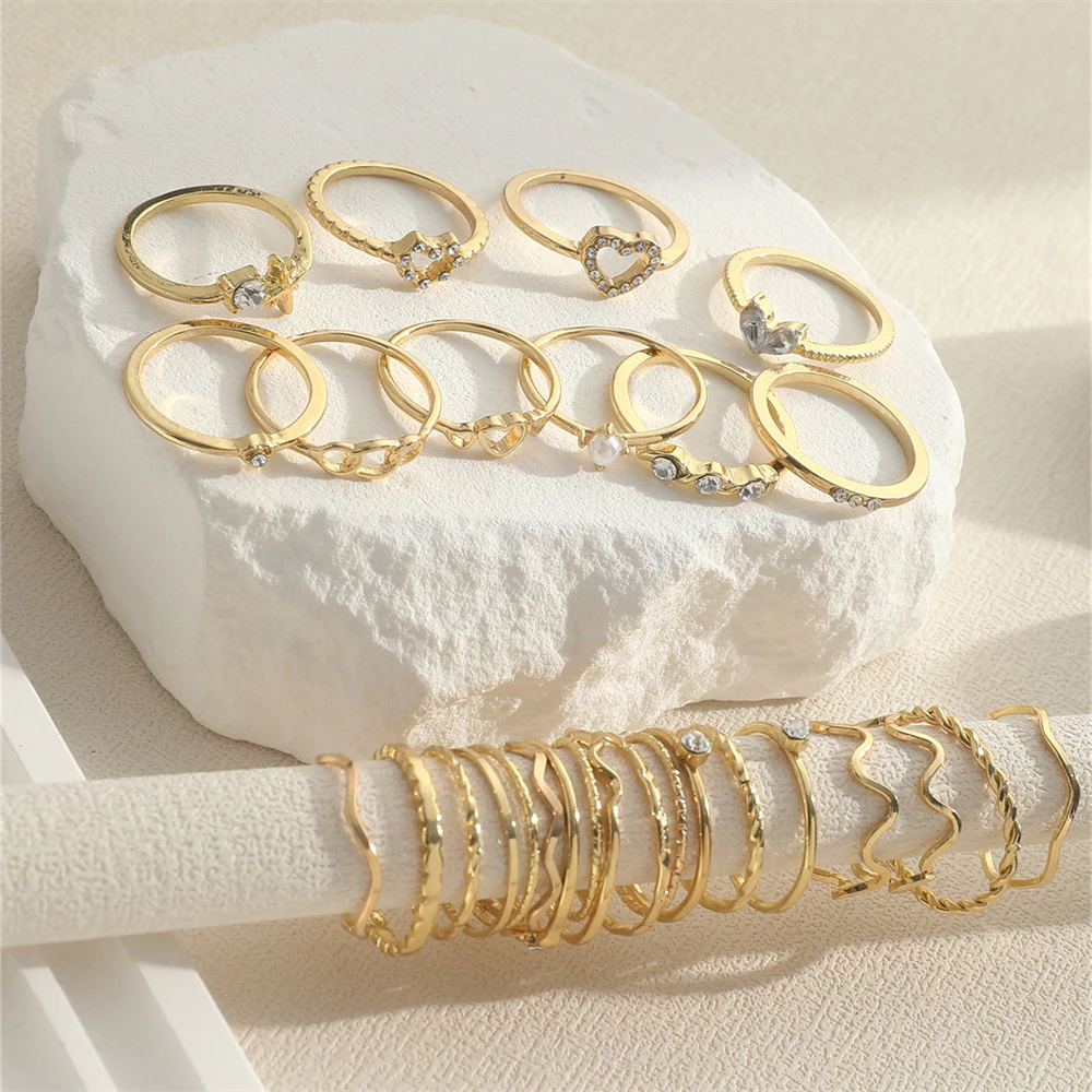 Conjunto de 28 peças de Anel Geométrico de Onda de Desenho Geométrico do Coração de Rhinestone Fashionable