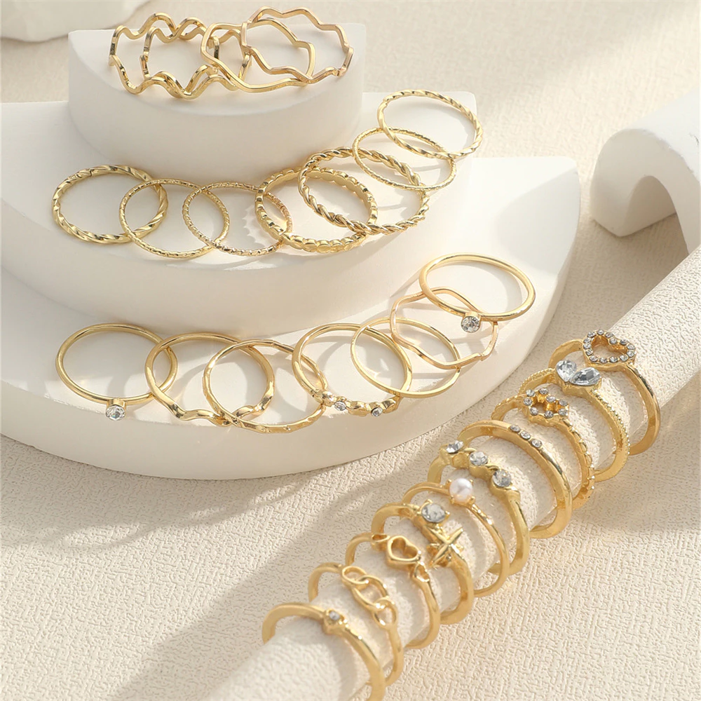 Conjunto de 28 peças de Anel Geométrico de Onda de Desenho Geométrico do Coração de Rhinestone Fashionable