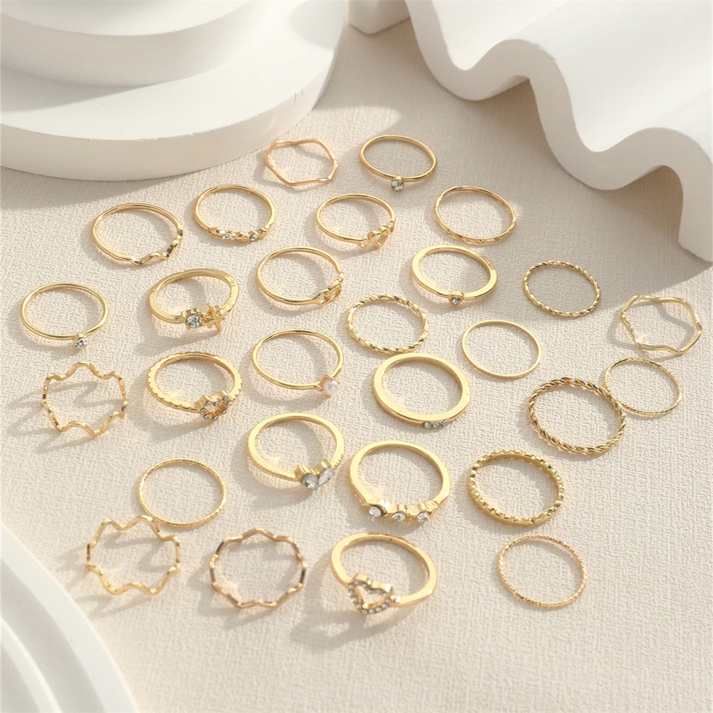 Conjunto de 28 peças de Anel Geométrico de Onda de Desenho Geométrico do Coração de Rhinestone Fashionable
