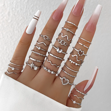 Conjunto de 28 peças de Anel Geométrico de Onda de Desenho Geométrico do Coração de Rhinestone Fashionable